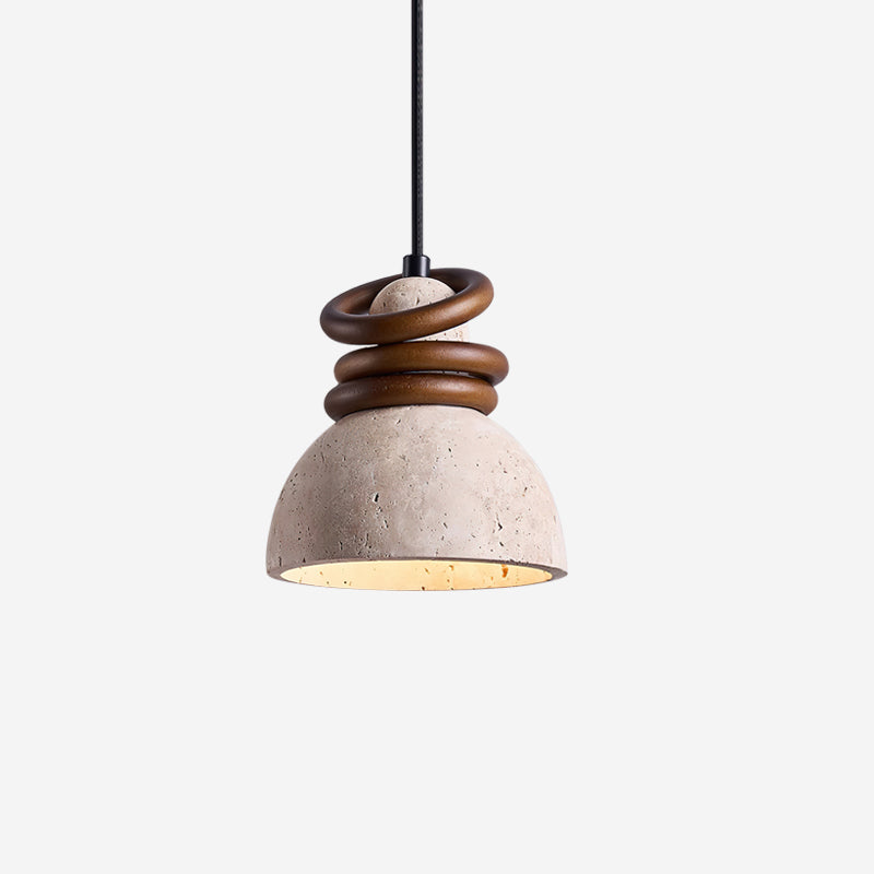 Dome Ambient Pendant Lamp With Walnut Wood Rings And Travertine